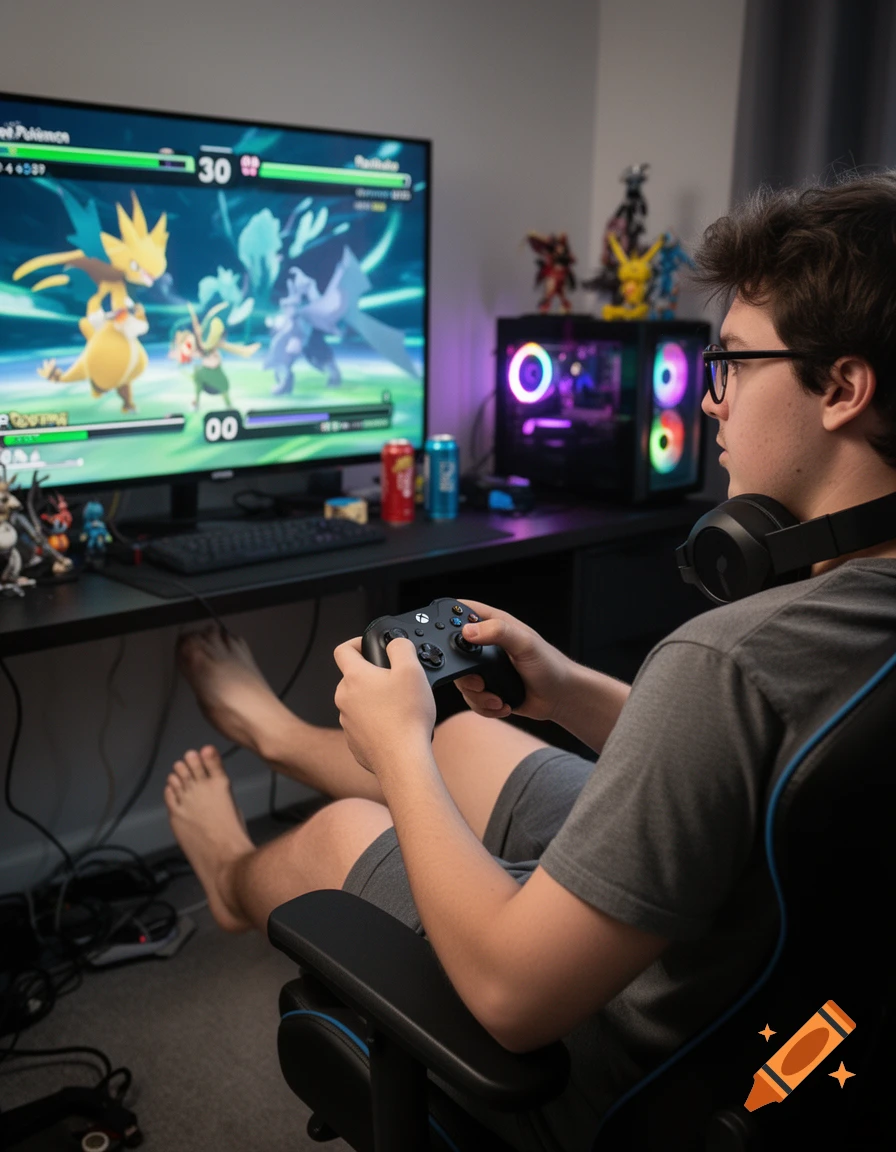 Photorealistic image of a gamer playing a Pokemon game on a large screen with a controller.