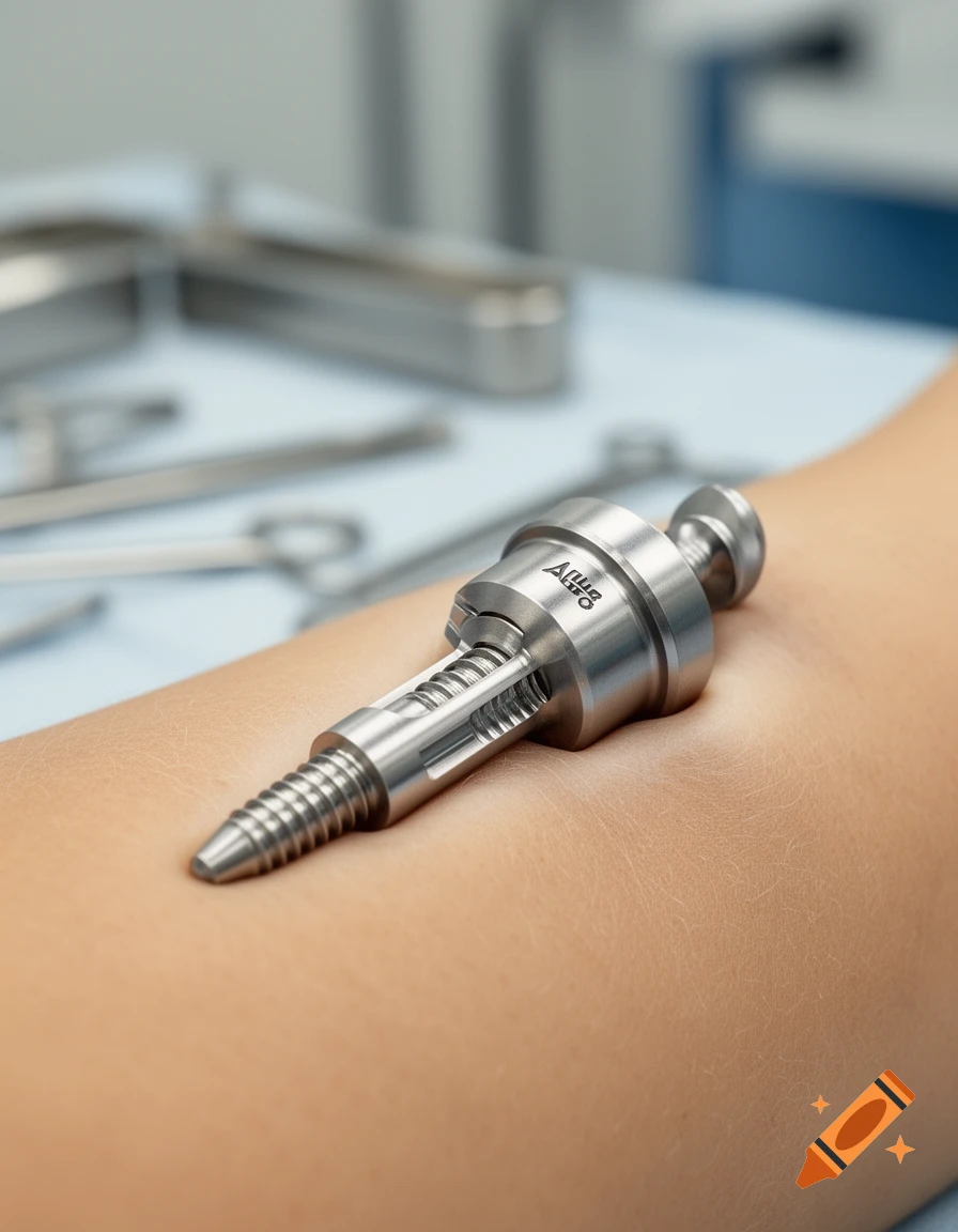 Close-up photorealistic image of a metallic medical implant resting on human skin in a surgical setting.