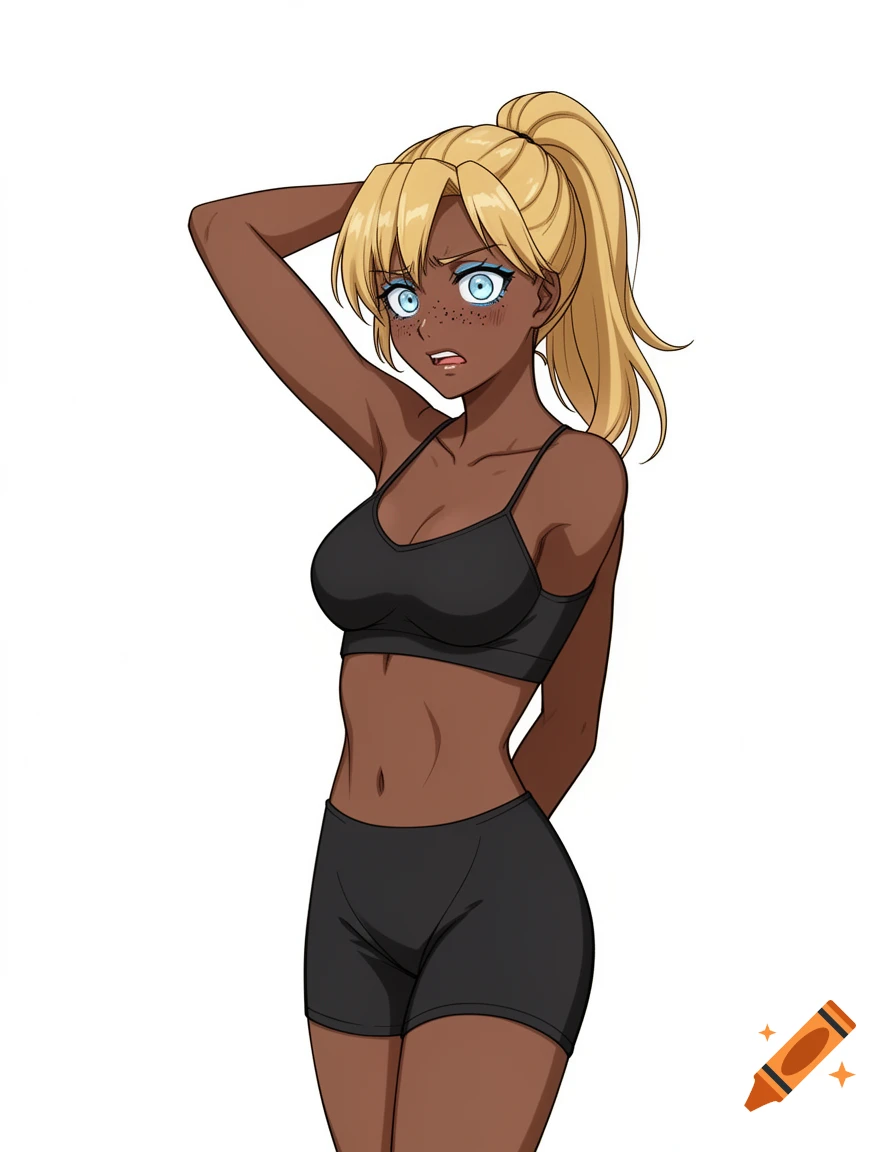 2D anime digital illustration of a dark-skinned woman with blonde hair in a ponytail, wearing a black crop top and athletic shorts.
