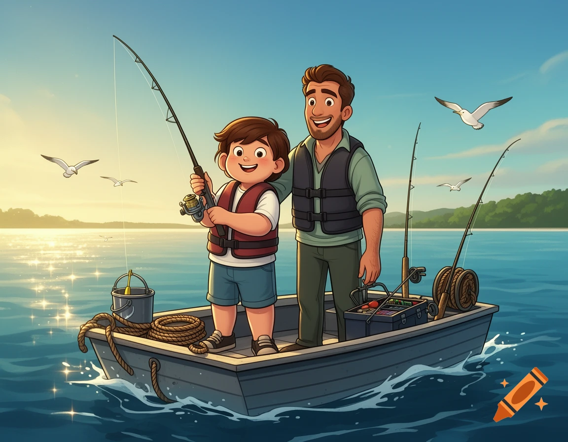 Cartoon illustration of a father and son fishing from a small boat on a calm lake during sunset.