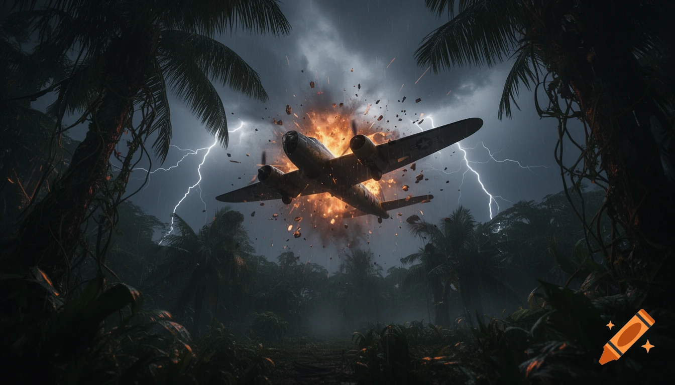 A World War II bomber exploding in mid-air over a dark jungle during a thunderstorm, viewed from below.