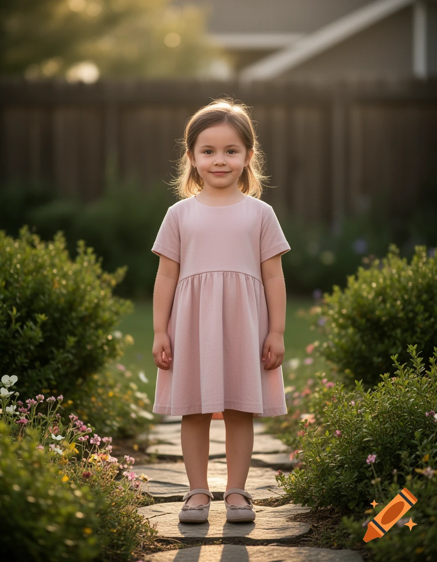 Photorealistic portrait of a small girl in a pink dress standing on a stone path in a garden.