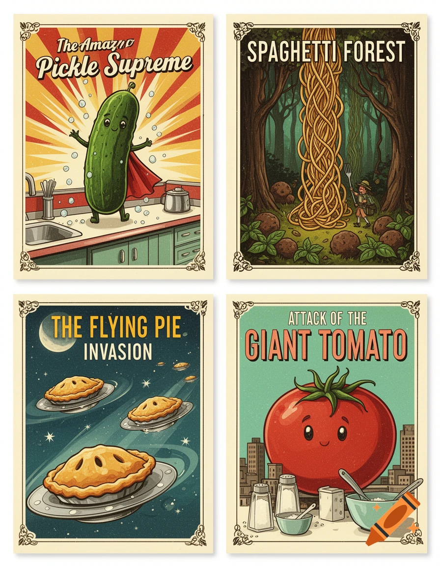 Four vintage-style food posters featuring a superhero pickle, a spaghetti forest, flying pies, and a giant tomato.