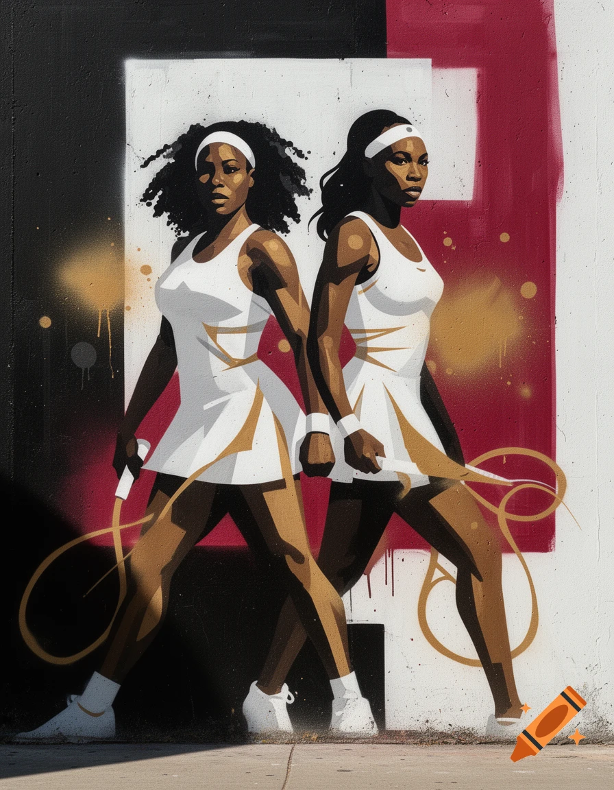 Spray painting style mural of two tennis players in white athletic dresses holding tennis rackets.