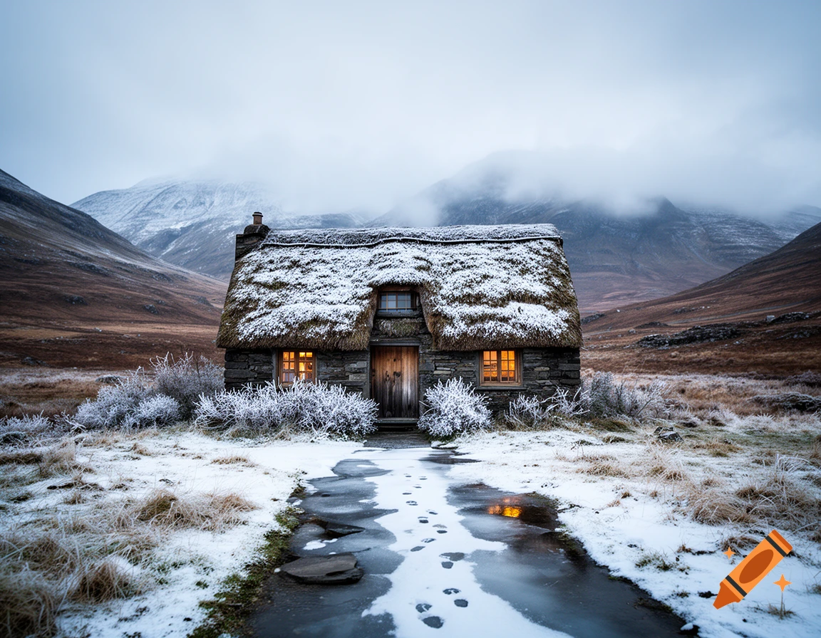 Photorealistic image of a traditional thatched roof stone cottage in a snowy Scottish valley with mountains in the background.