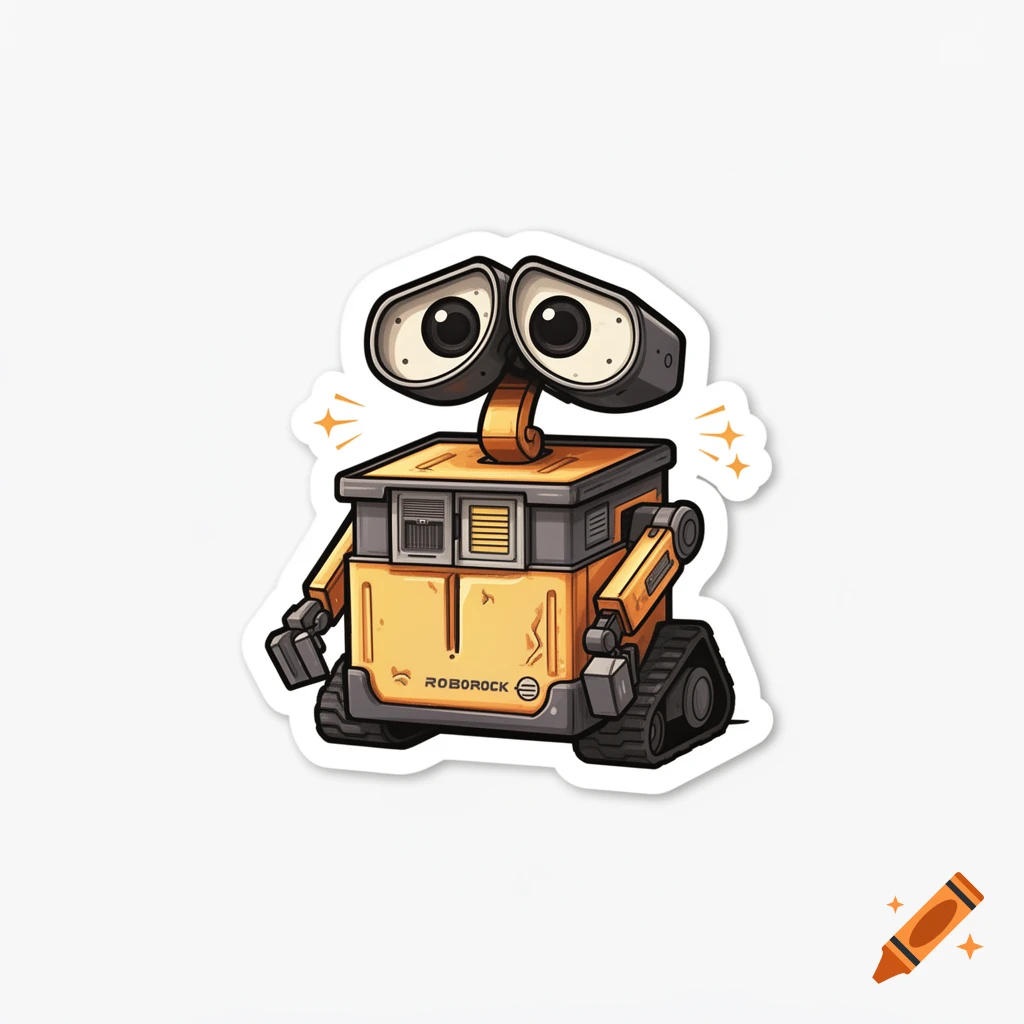 Die-cut sticker of a stylized, compact Wall-E robot with tracks and expressive binoculars eyes.