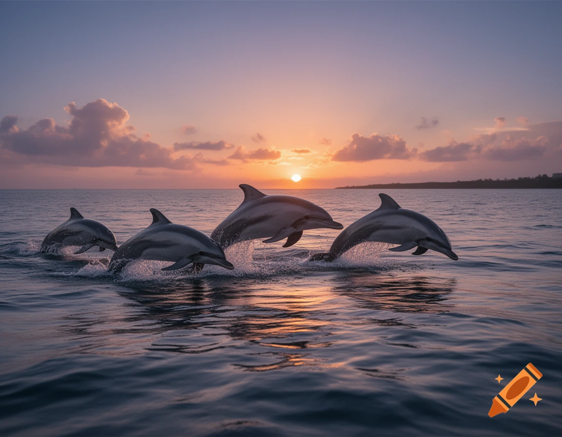 Four dolphins jumping out of the ocean at sunset with a pastel sky.