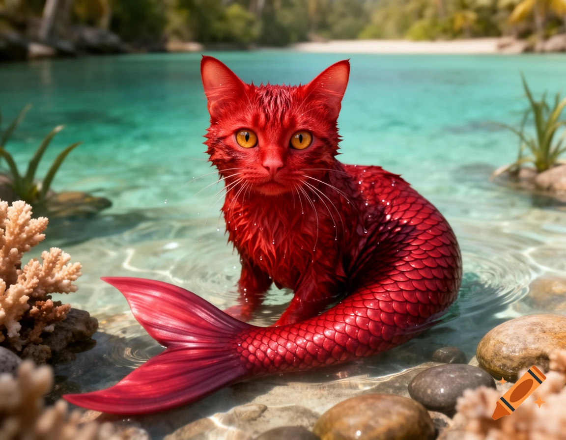 Photorealistic red cat with a fish tail acting as a mermaid, sitting in shallow turquoise ocean water near a sandy beach.