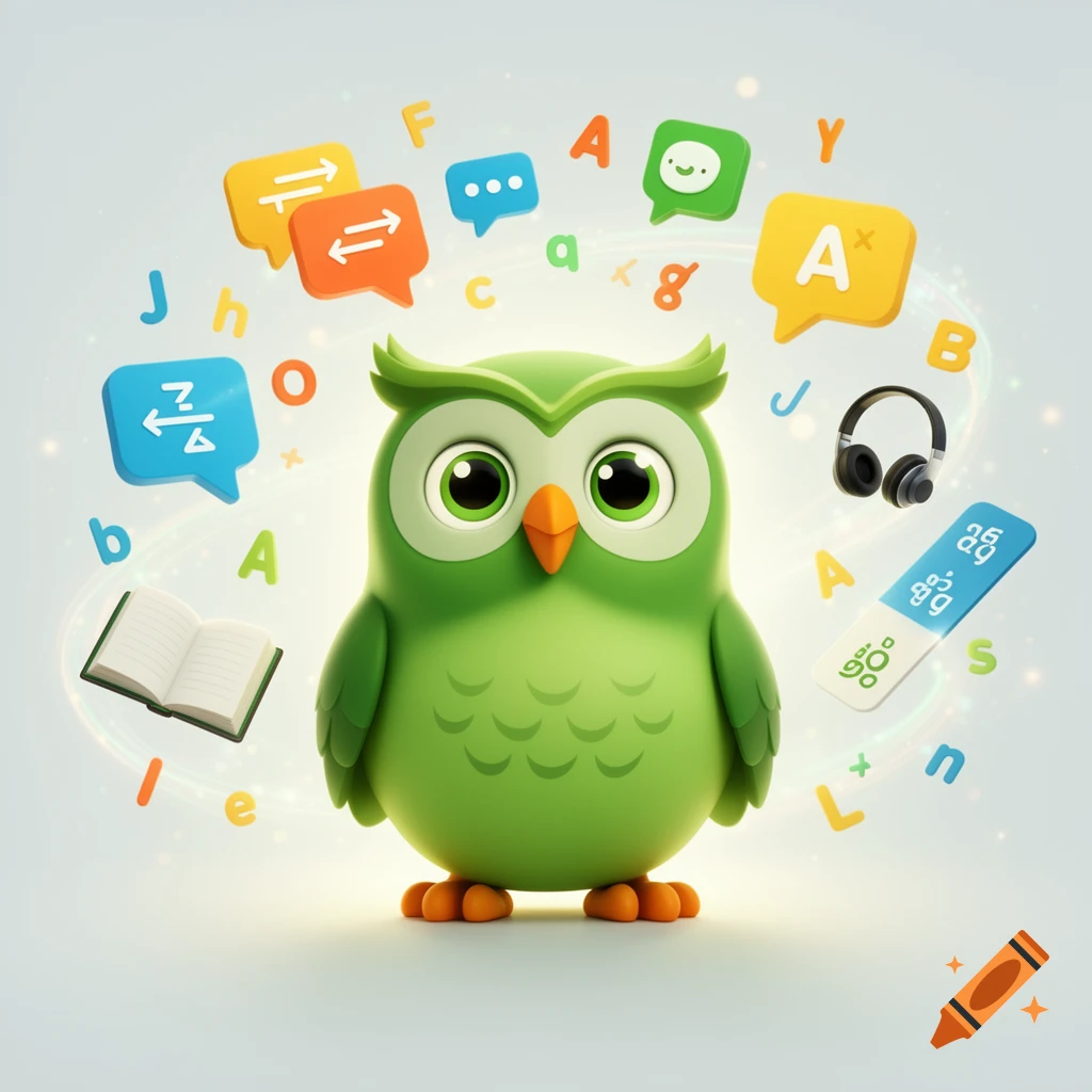 3D cartoon illustration of a green owl resembling a language learning mascot surrounded by floating letters and icons.
