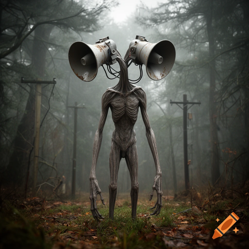 Photorealistic image of a tall, thin humanoid creature with two vintage megaphones for a head, standing in a foggy forest.