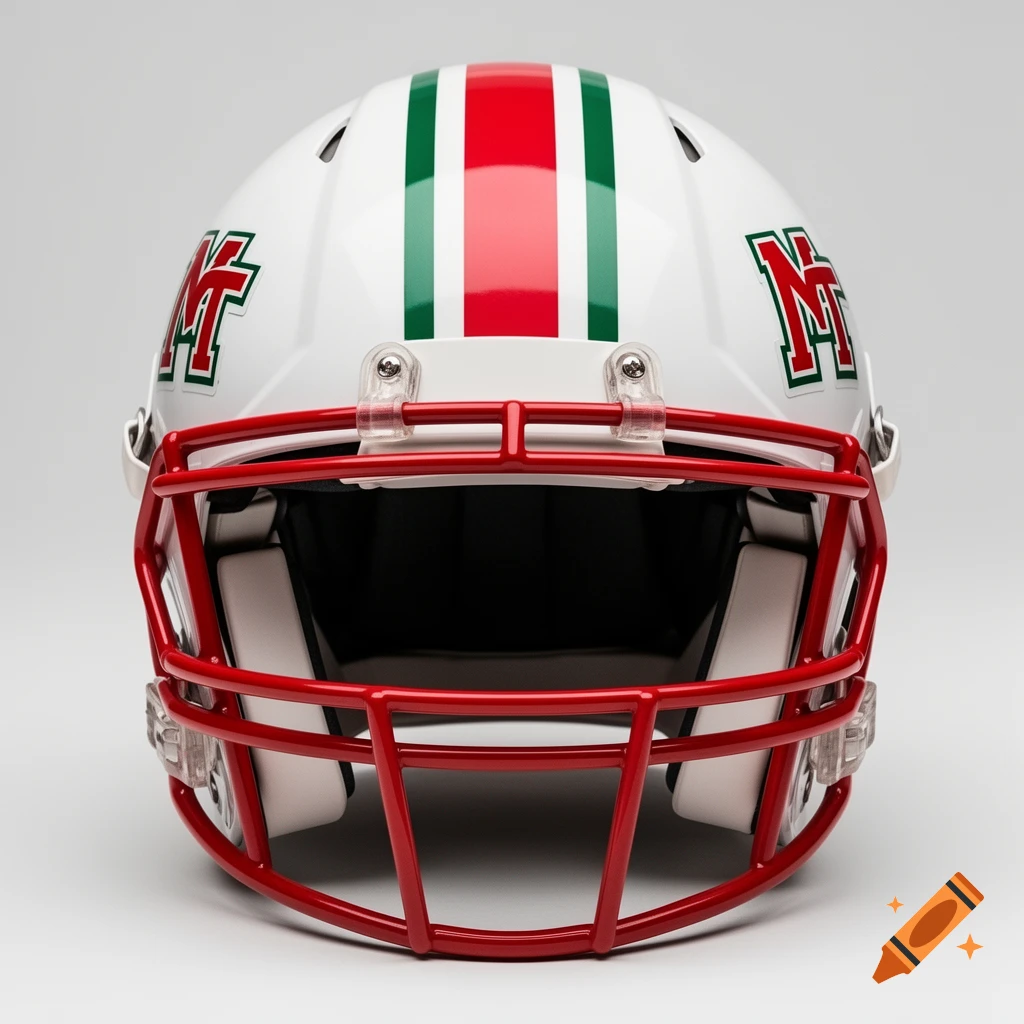 A white football helmet with a red facemask, a red stripe flanked by green down the center, and interlocking MT logos on the sides.
