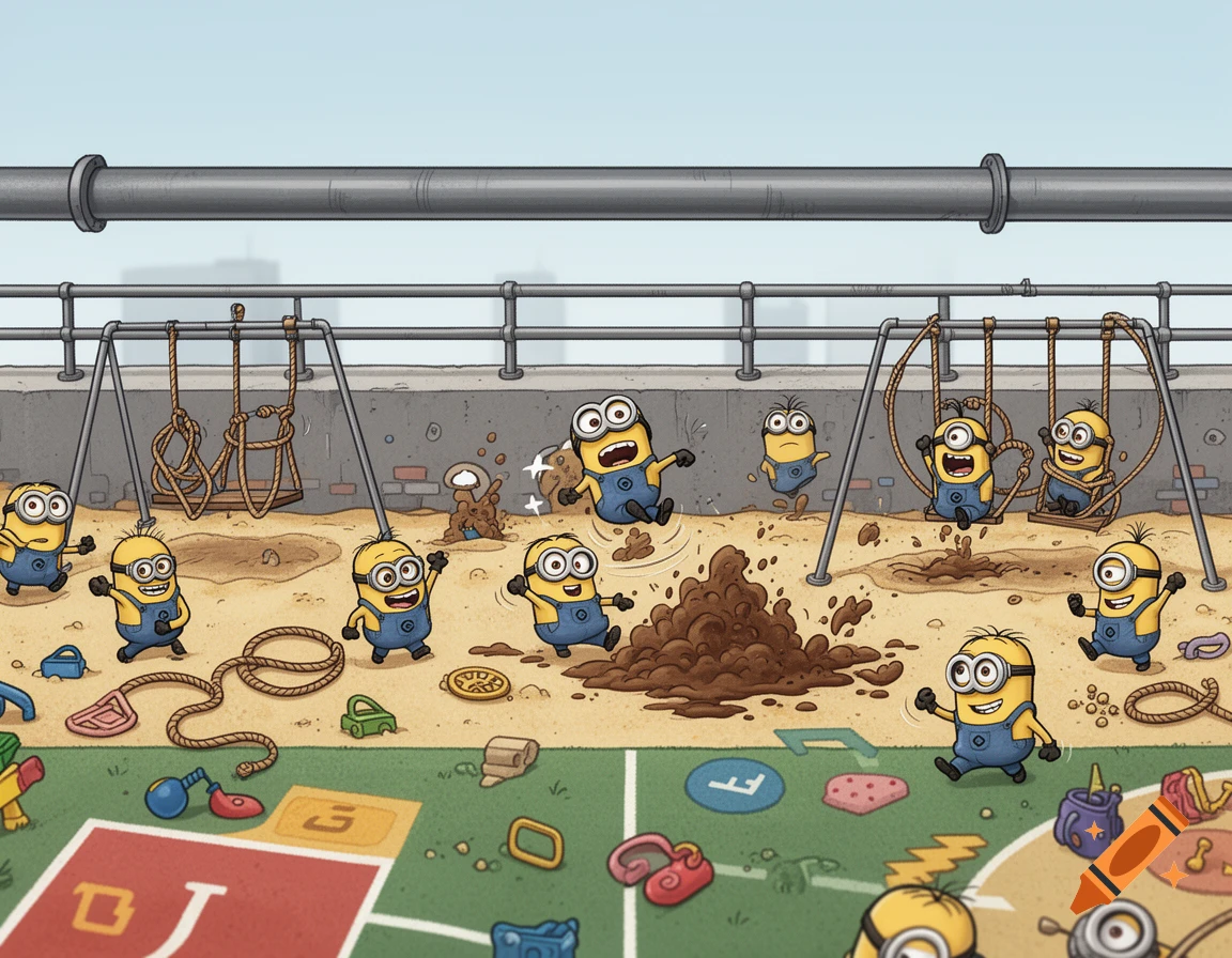 Cartoon illustration of Minions playing on a school playground with swings and sand.