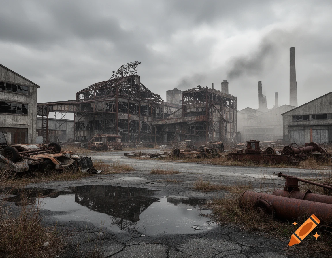 Photorealistic image of a desolate apocalyptic industrial site with ruined factories, rusted machinery, and a puddle in the foreground under a cloudy sky.