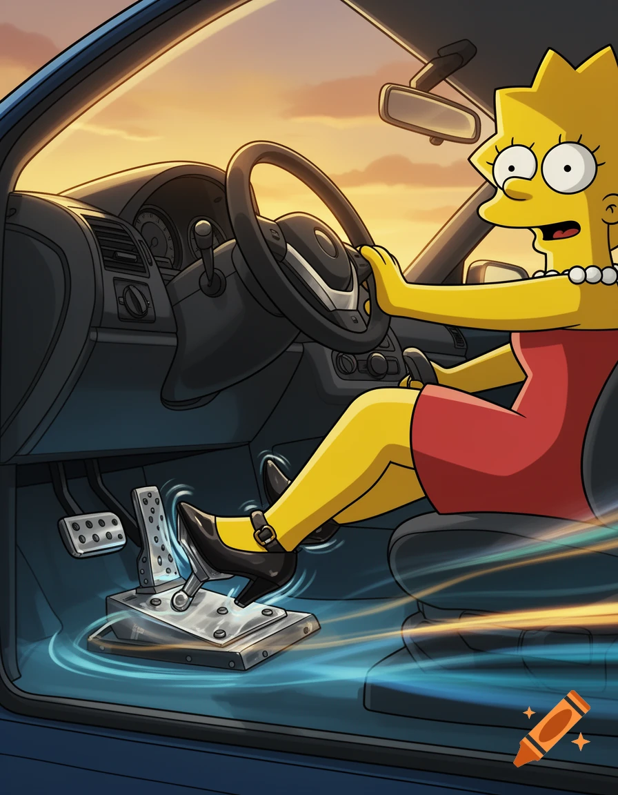 Lisa Simpson driving a car and pressing the accelerator pedal, animated cartoon style.
