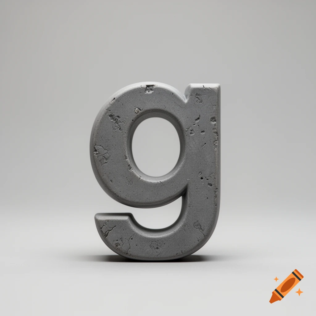A 3D rendered lowercase letter g made of weathered grey concrete on a light grey background.