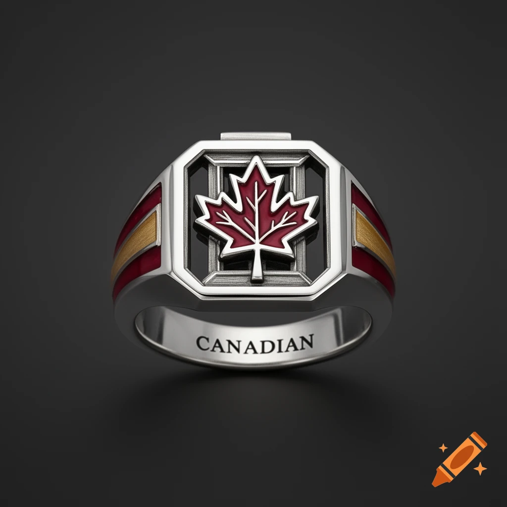 Silver ring featuring a red and white maple leaf symbol with the word CANADIAN engraved on the inner band, on a dark background.