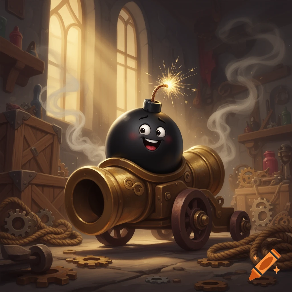 A cute cartoon bomb with a smiling face sitting inside a golden cannon in a workshop.