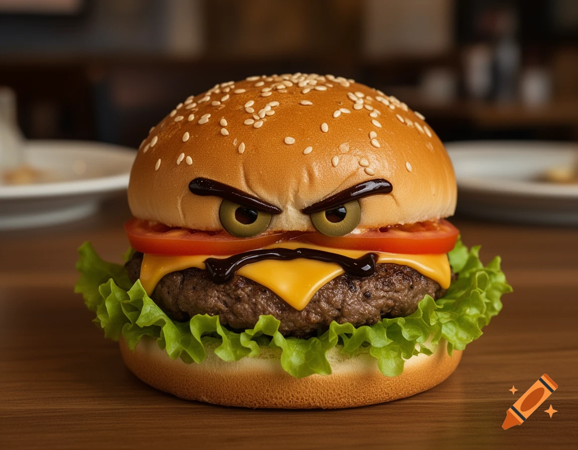 Photorealistic close-up of a cheeseburger on a wooden table, styled with an angry face made of sauce and olives.