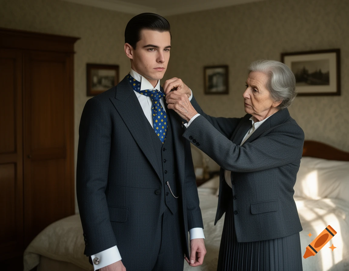 Photorealistic image of an old lady adjusting a blue tie on a young British man in a three-piece suit inside a bedroom.