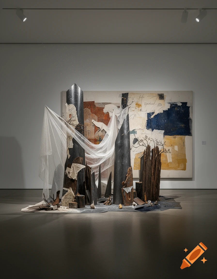 A contemporary mixed media installation in a museum gallery, featuring black pillars, draped white fabric, and a large abstract painting on the wall.