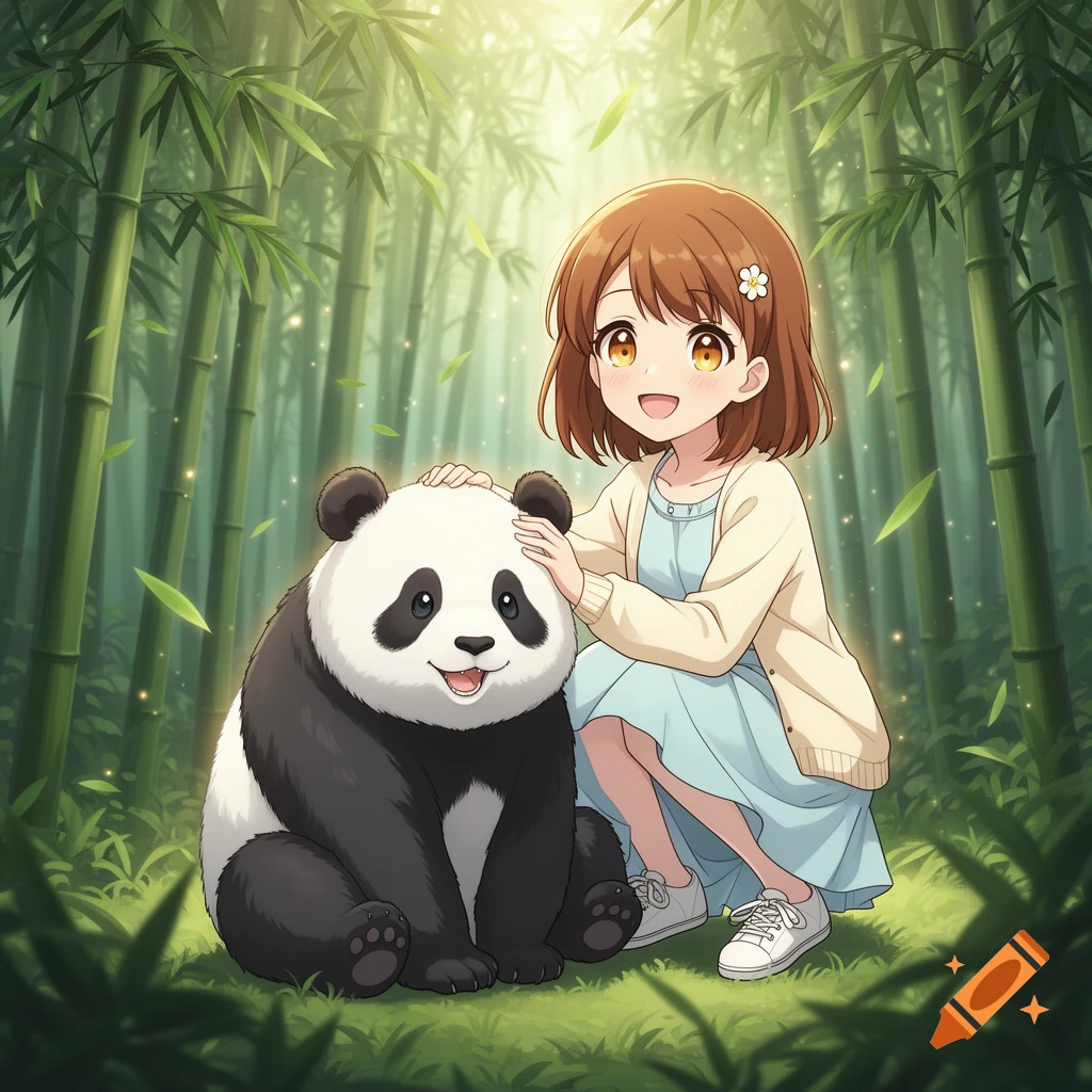 Anime style illustration of a smiling girl petting a friendly panda in a lush bamboo forest.