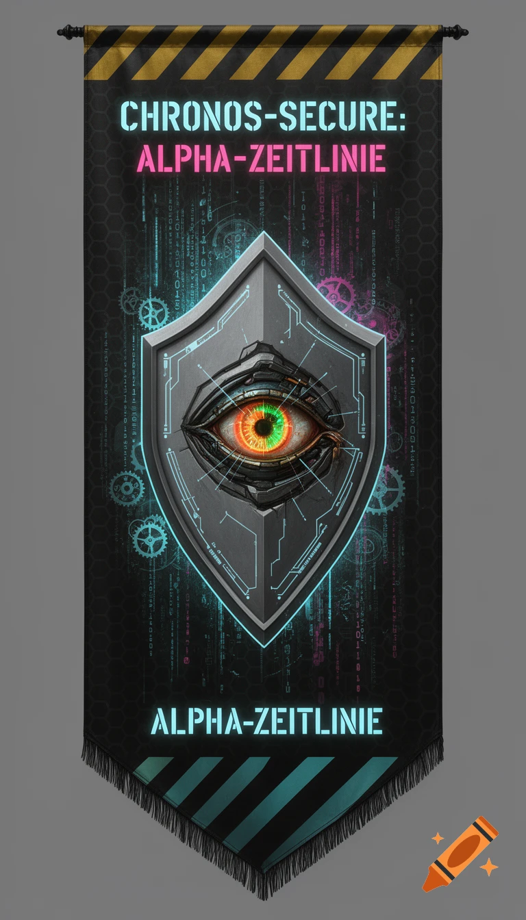 A vertical cyberpunk banner featuring a metallic shield with a mechanical eye and glowing text reading 'CHRONOS-SECURE: ALPHA-ZEITLINIE'.