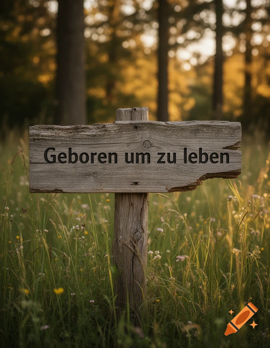 A wooden sign with the text 'Geboren um zu leben' stands in a grassy field with trees in the background, photorealistic.