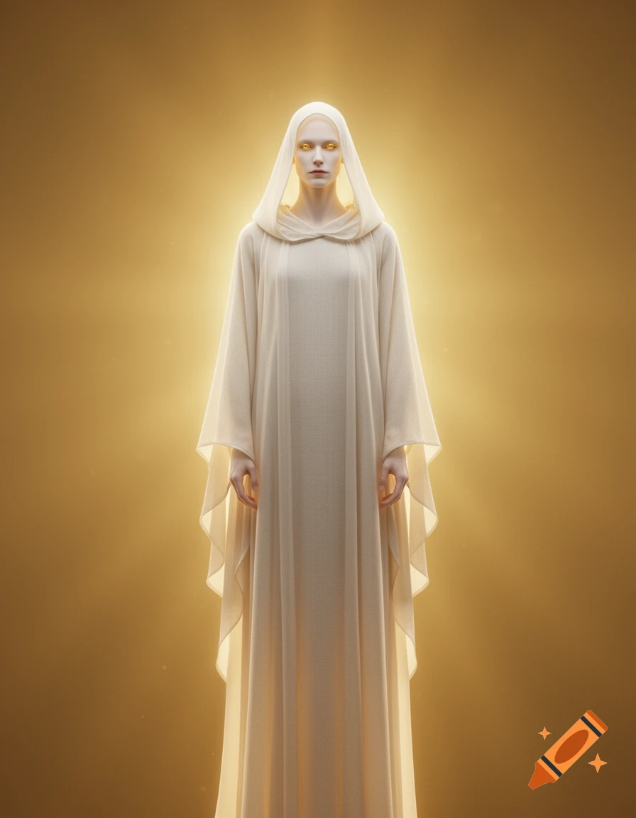 A photorealistic androgynous humanoid figure wearing luminous white hooded robes, glowing with golden light against a golden void background.