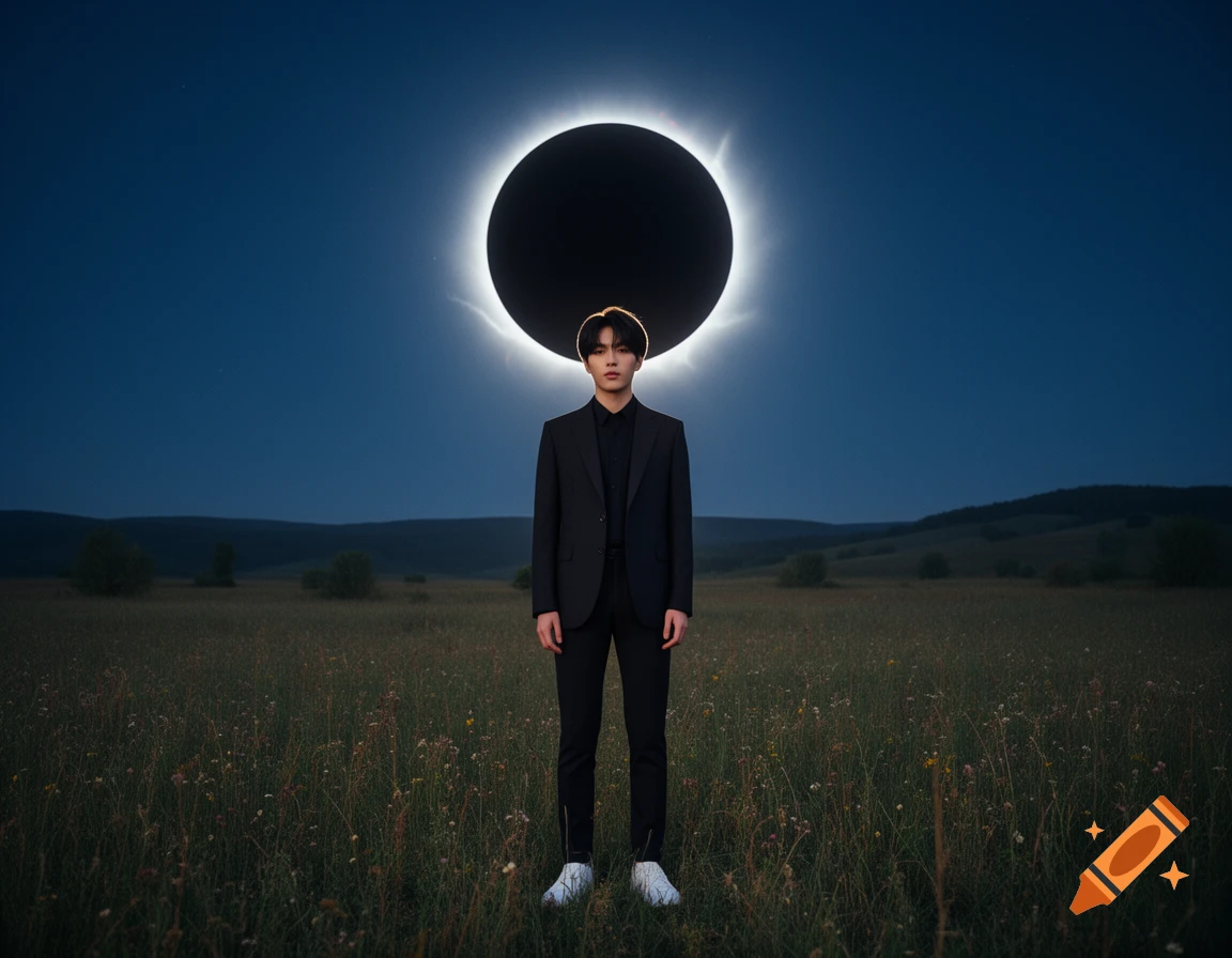 Photorealistic portrait of a young man in a black suit standing in a grassy field beneath a solar eclipse.