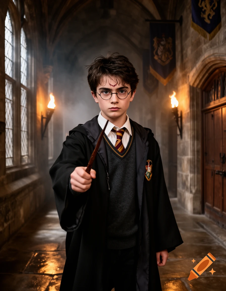 Harry Potter holding a wand in a torchlit stone hallway of Hogwarts, photorealistic style.