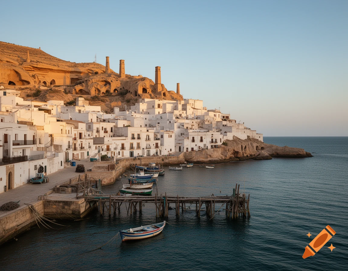 Photorealistic coastal town with white houses built into a cliffside overlooking the sea and a wooden pier with small boats.