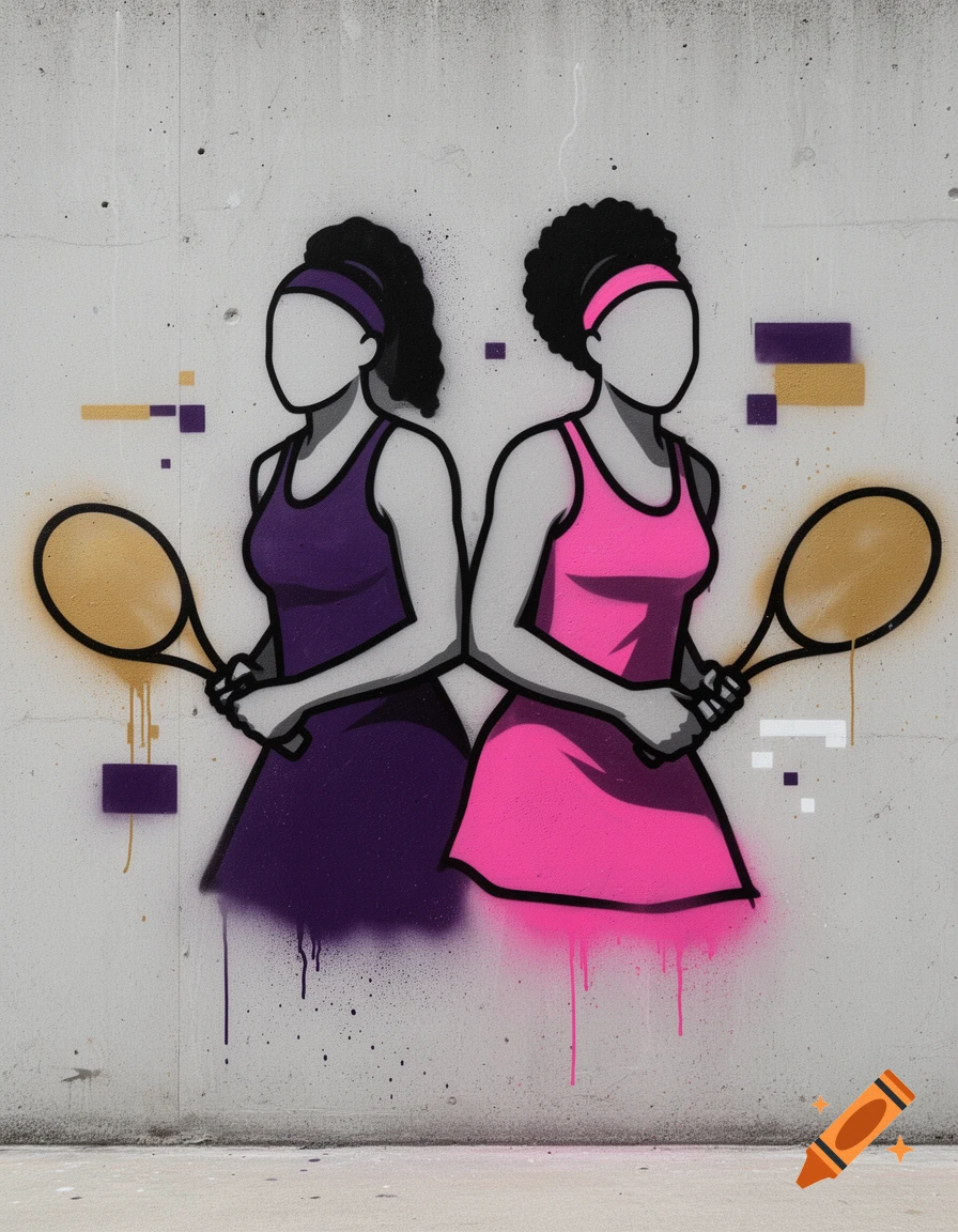 Spray painting stencil art of two faceless tennis players back-to-back on a concrete wall.