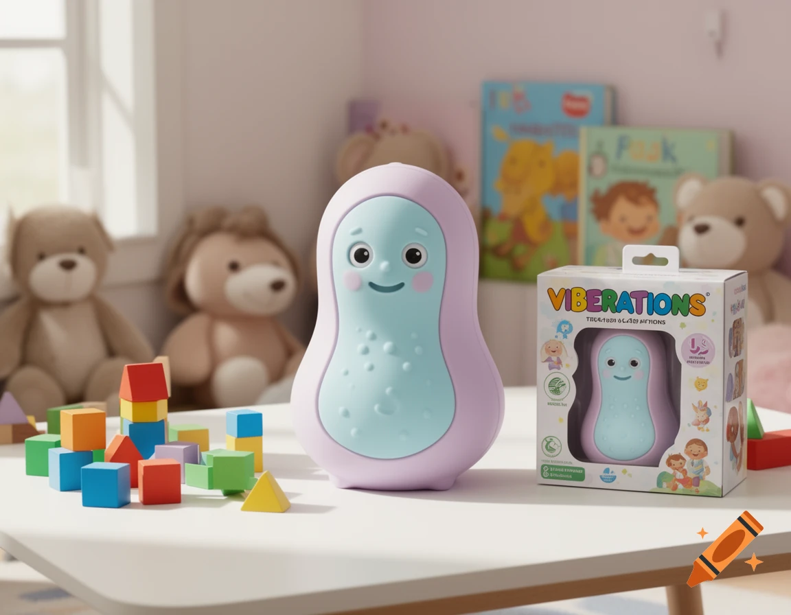 A pastel purple and blue children's toy shaped like a capsule with a friendly face, sitting on a white table next to its packaging box, with teddy bears in the background.