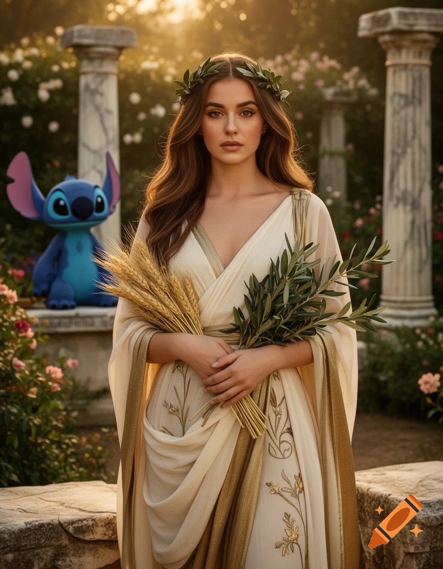 Photorealistic portrait of a woman resembling Demeter with brown hair, a wreath, holding wheat and olive branches, with a Stitch figure in a garden background.