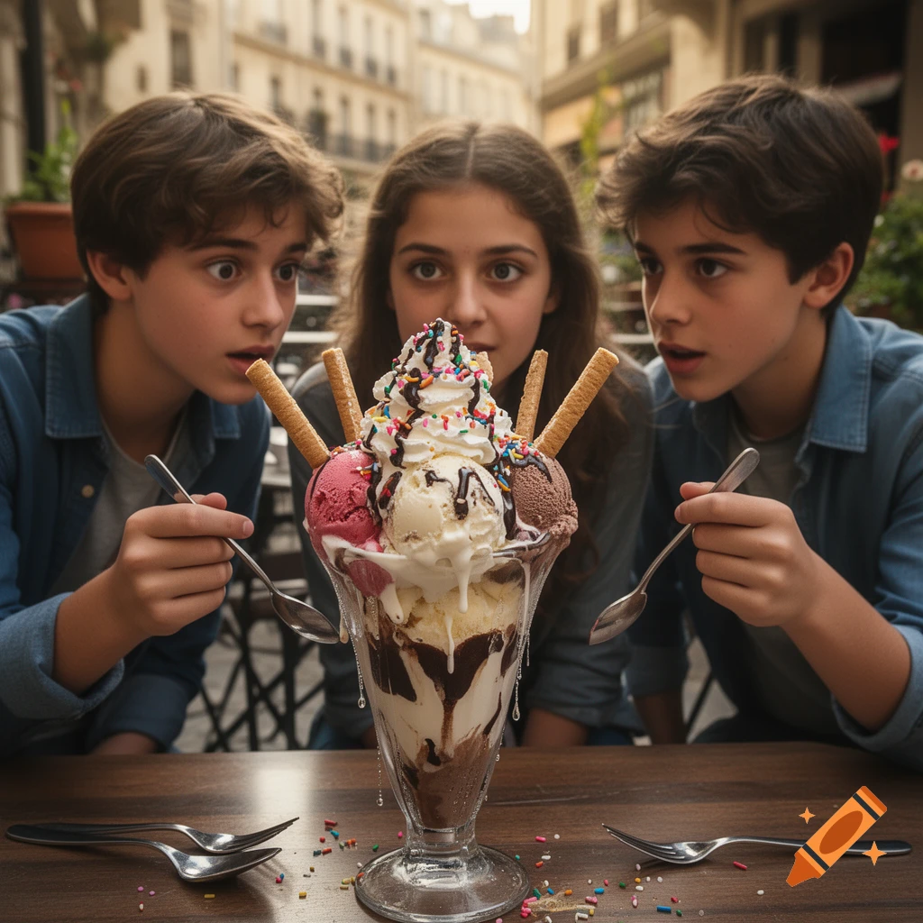 Three teenagers looking excitedly at a large ice cream sundae in a restaurant, photorealistic style.