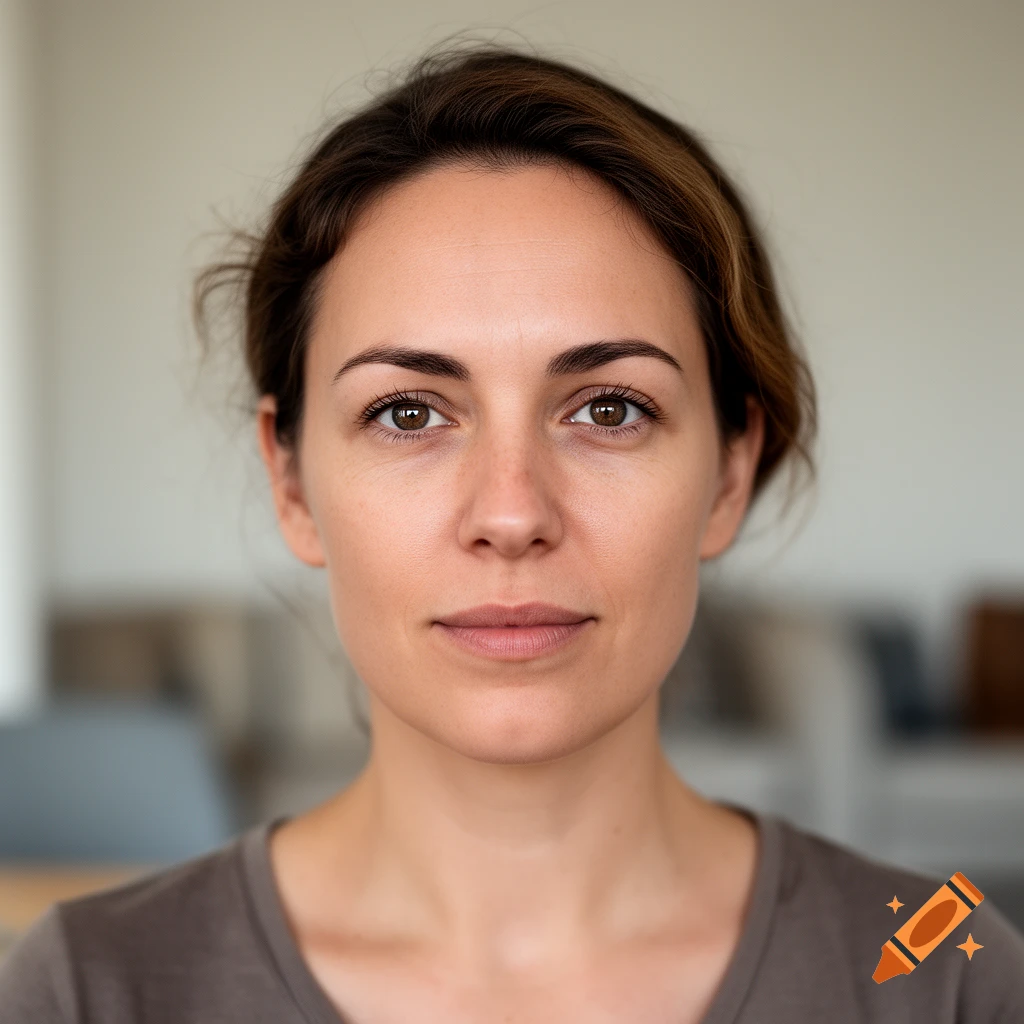 Close-up portrait of a woman with brown hair and brown eyes, looking directly at the camera.
