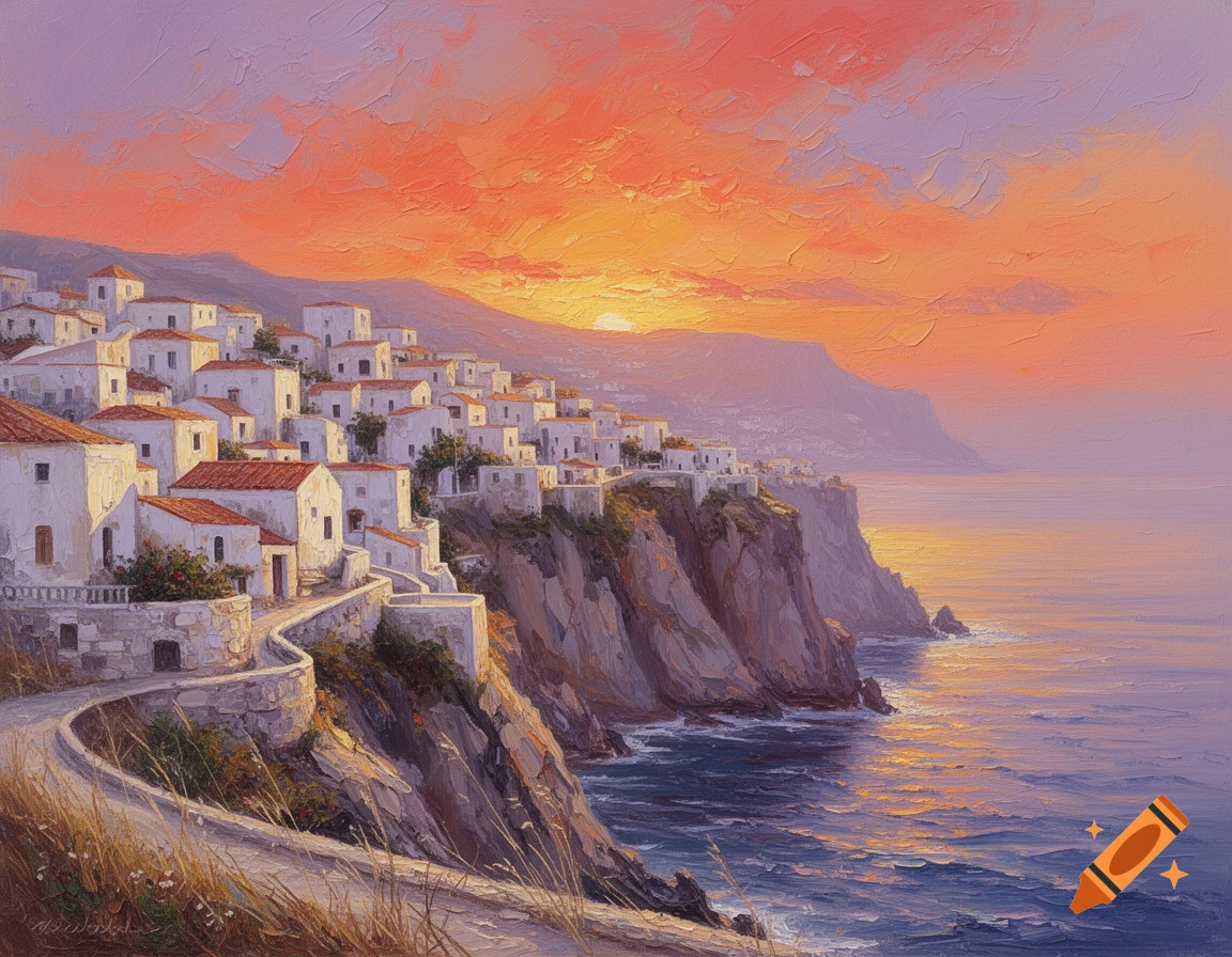 Oil painting of a whitewashed cliffside village at sunset with a warm orange and pink sky and ocean view.