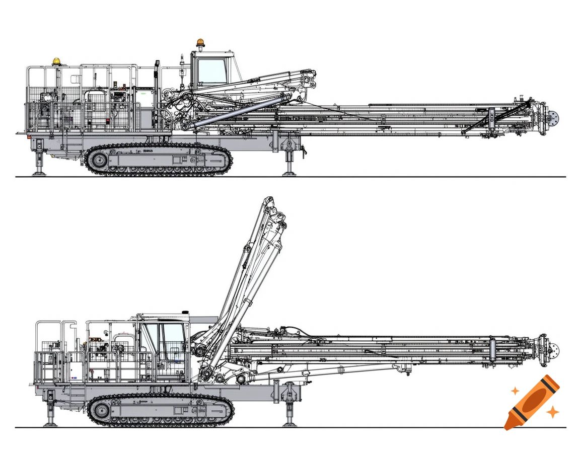Technical side profiles and diagrams of a heavy industrial drilling machine.