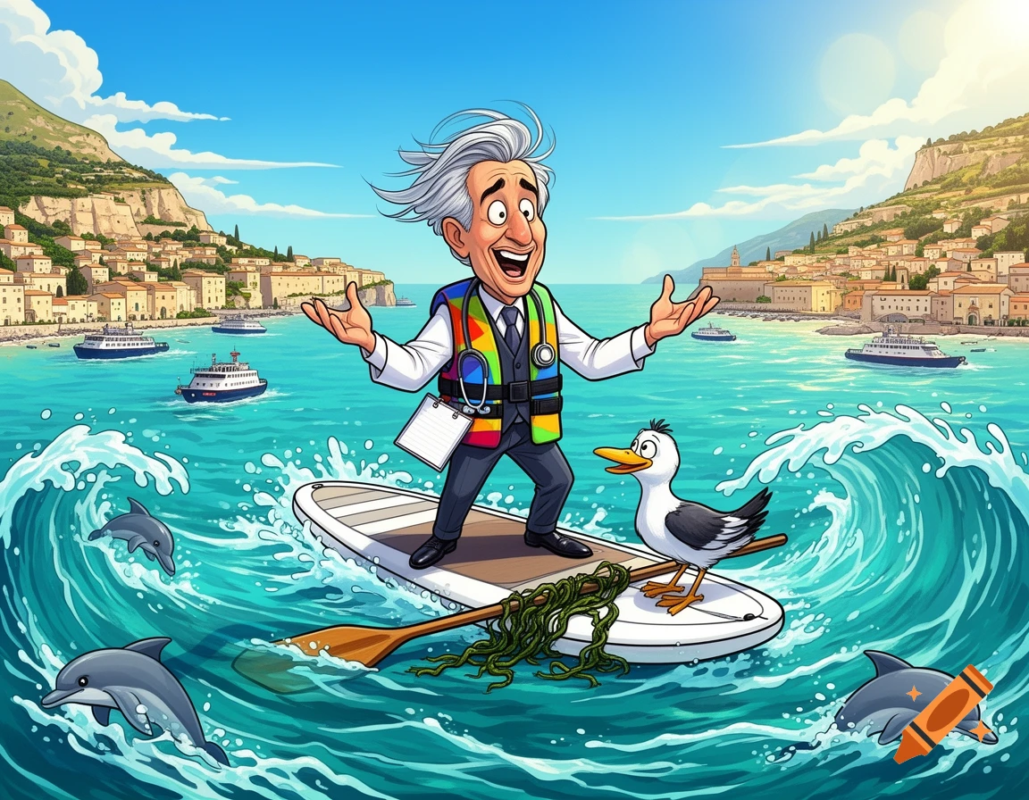 Cartoon illustration of a smiling psychologist with white hair riding a paddleboard in the sea with dolphins and a seagull.