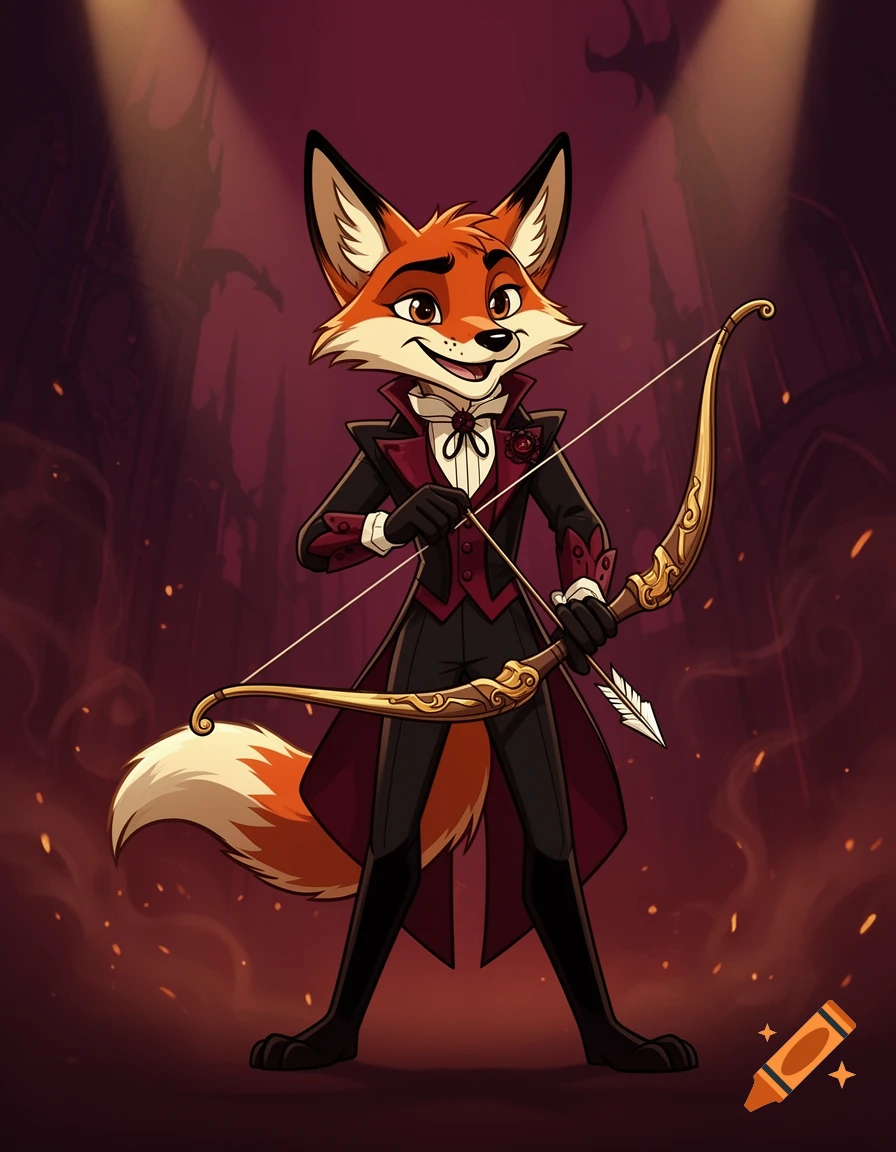 An anthropomorphic fox holding a bow and arrow, dressed in a red and black tuxedo, in a Hazbin Hotel animation style.