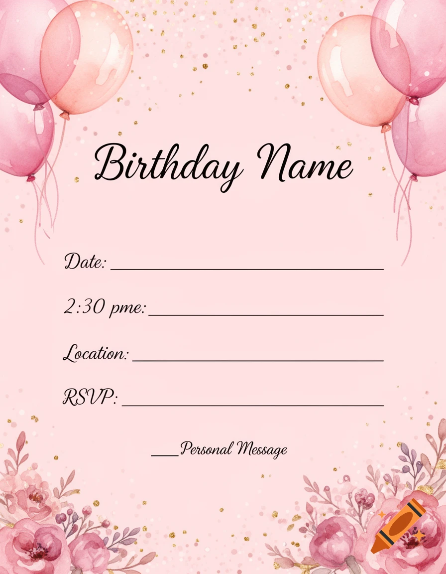 Pink watercolor birthday party invitation with balloons and floral decorations, featuring placeholders for text.