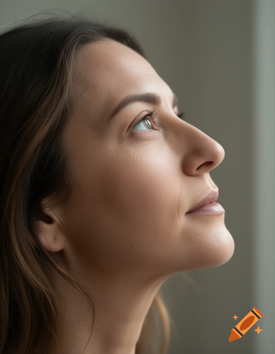 Close-up side profile of a woman looking slightly upward with a neutral expression.