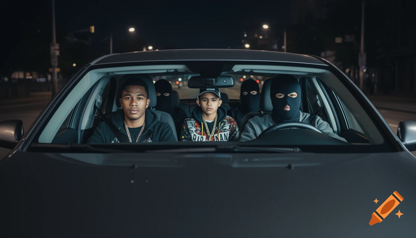 Photorealistic view from a car hood at night, showing four passengers inside, some wearing black ski masks.