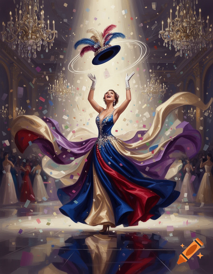 An abstract oil painting of a joyful woman in a vibrant blue and red gown throwing a feathered hat into the air inside a grand ballroom.