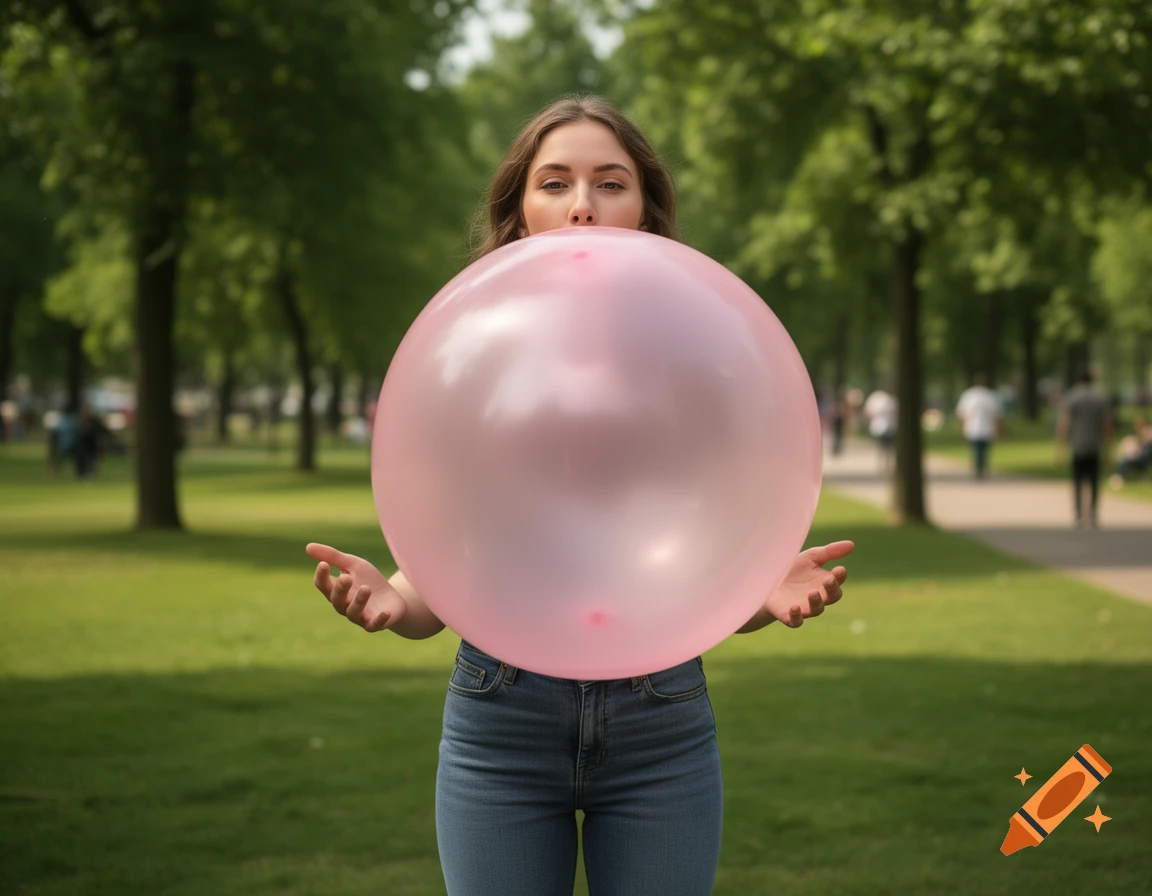 Photorealistic image of a young woman blowing a giant pink bubblegum bubble in a green park.