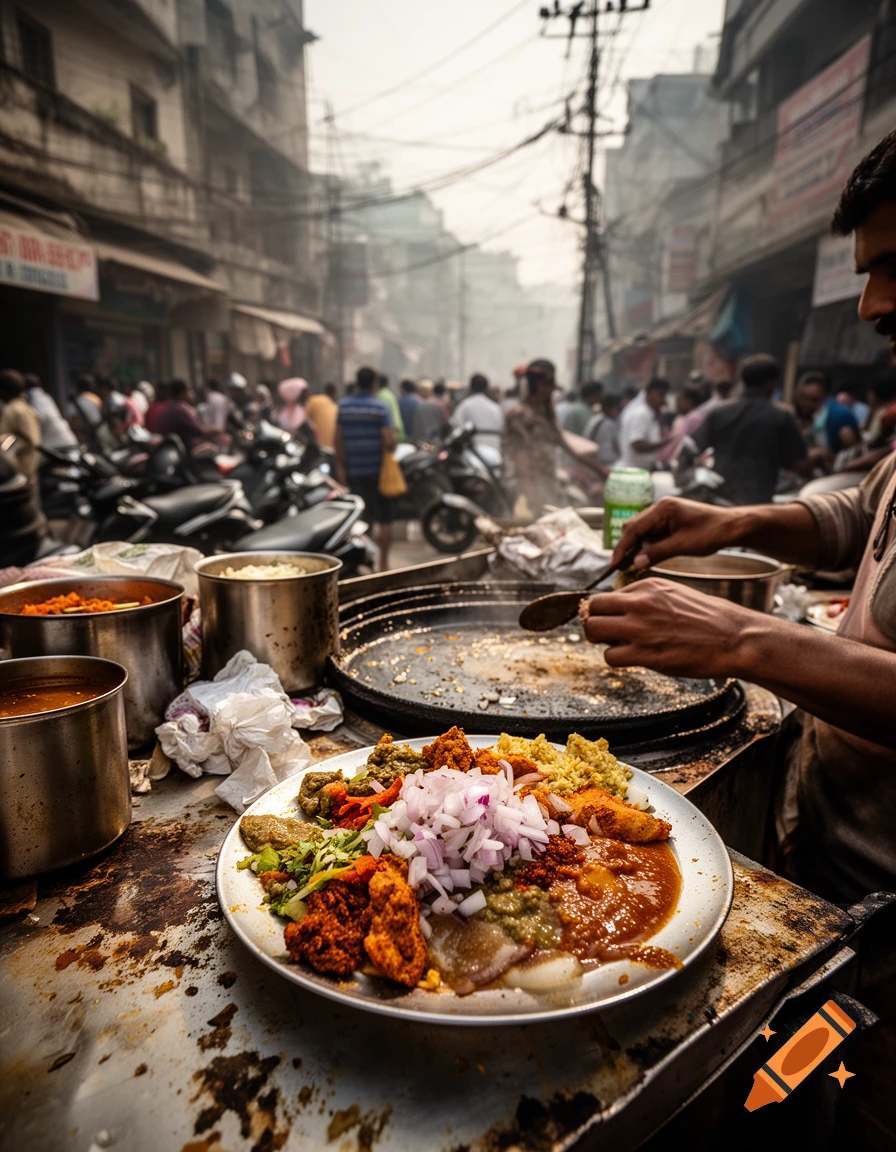Close-up of a street food stall in India with a vendor preparing a plate of mixed chaat and spices on a bustling street.