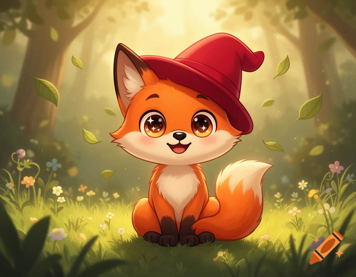 Digital cartoon illustration of a cute fox wearing a red witch hat, sitting in a sunny forest clearing surrounded by flowers and falling leaves.
