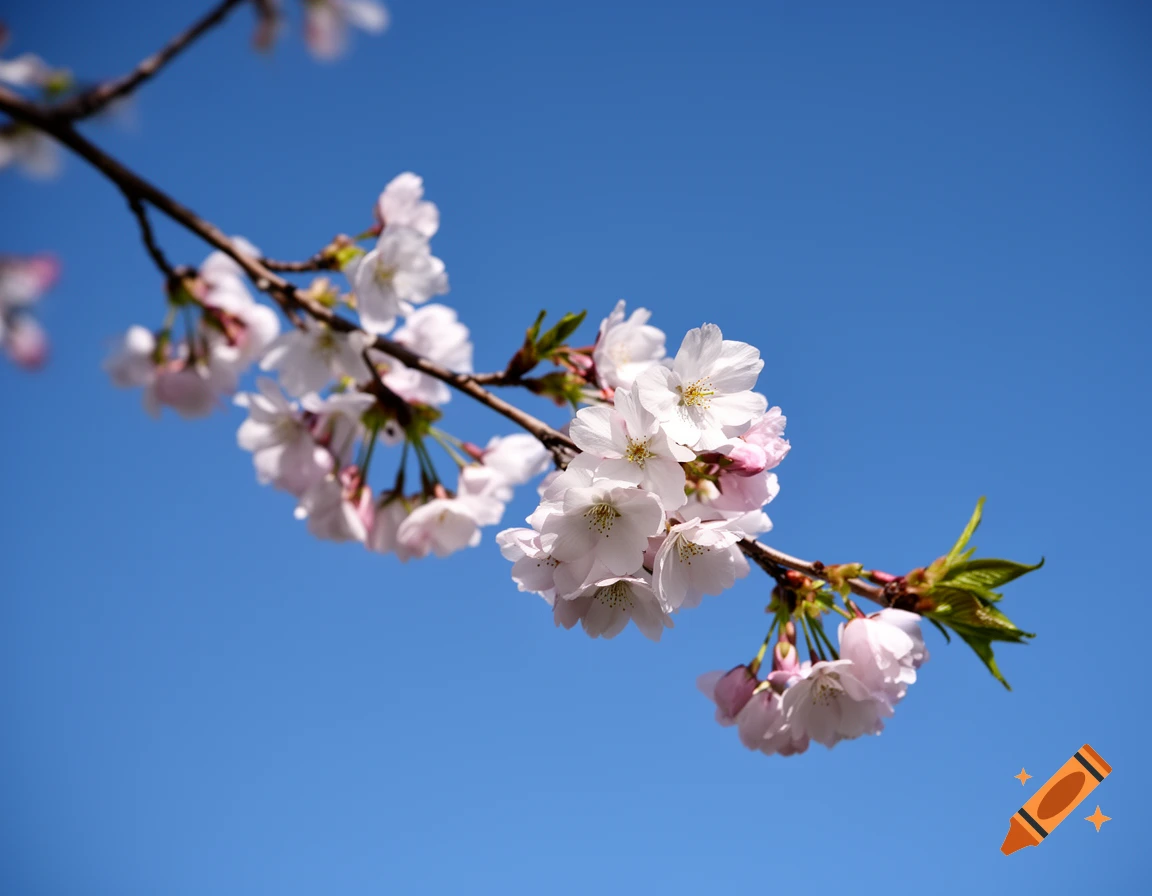 Close-up of a cherry blossom branch with pink flowers against a clear blue sky, photorealistic.