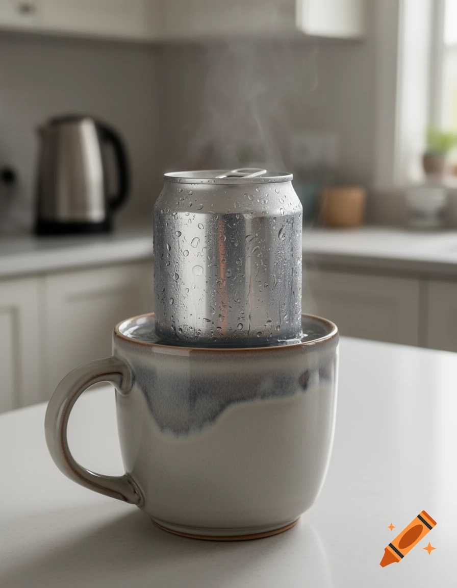 Photorealistic image of a steaming beverage can placed inside a ceramic mug on a kitchen counter.