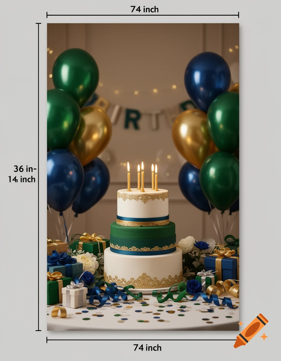 A multi-tiered birthday cake with candles surrounded by blue, green, and gold balloons and wrapped gifts.
